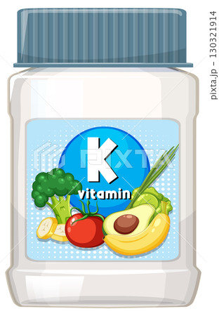 Vitamin K Supplement Bottle with Fresh Vegetables Illustration Vitamin K Supplement Bottle with Fresh Vegetables Illustration 130321914