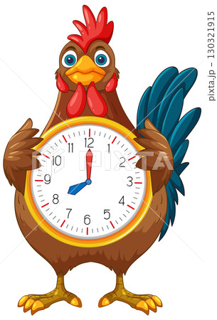 Cartoon Rooster Holding Large Analog Clock Cartoon Rooster Holding Large Analog Clock 130321915