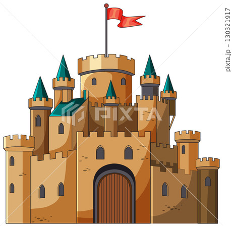 Medieval Stone Castle with Towers and Red Flag 130321917