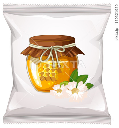Honey Jar and Blossoms on Snack Packaging Illustration Honey Jar and Blossoms on Snack Packaging Illustration 130321920