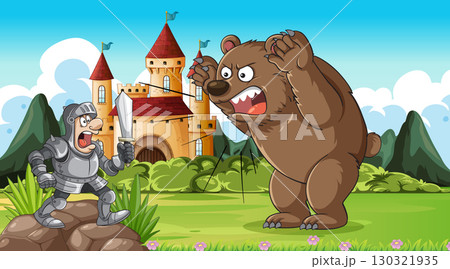 Knight Confronts Angry Bear Outside Medieval Castle Knight Confronts Angry Bear Outside Medieval Castle 130321935
