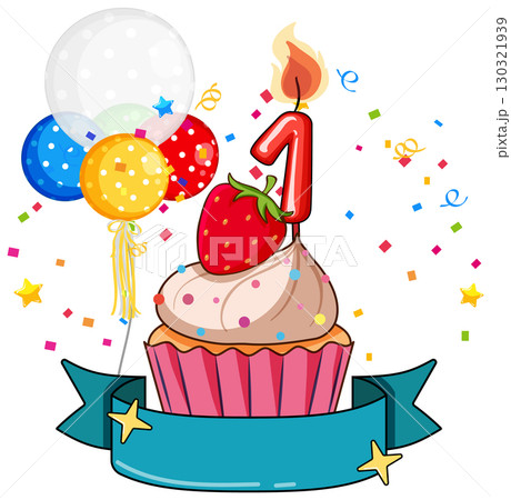 First Birthday Cupcake with Candle and Balloons 130321939