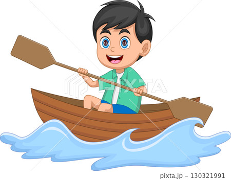 Little boy riding a wooden boat cartoon 130321991
