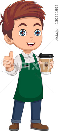 Barista boy holding coffee and giving thumbs up Barista boy holding coffee and giving thumbs up 130321993