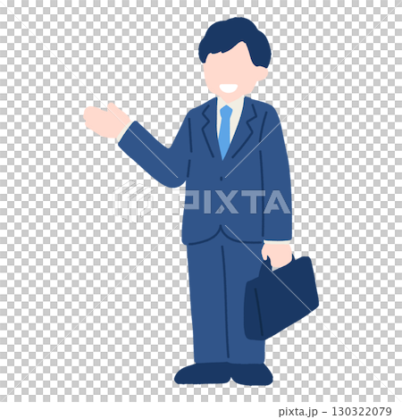 A flat illustration of a male business person in a suit giving directions 130322079