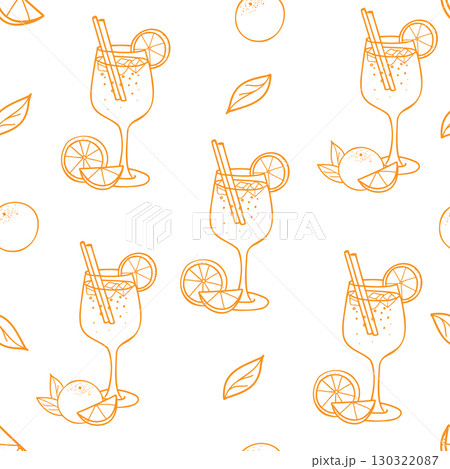 Cocktail Seamless pattern. Aperol Spritz and orange fruit. Hand drawn illustration in Doodle style in orange color. For textile and paper prints, bar designs. Cocktail Seamless pattern. Aperol Spritz and orange fruit. Hand drawn illustration in Doodle style in orange color. For textile and paper prints, bar designs. 130322087