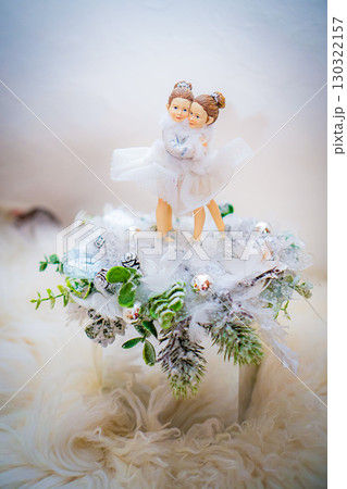 Christmas table composition. Beautiful decoration. Christmas trees, candles, stars, lights and elegant accessories. Merry Christmas and Happy Holidays, Template. Christmas table composition. Beautiful decoration. Christmas trees, candles, stars, lights and elegant accessories. Merry Christmas and Happy Holidays, Template. 130322157