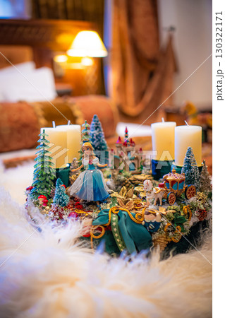Christmas table composition. Beautiful decoration. Christmas trees, candles, stars, lights and elegant accessories. Merry Christmas and Happy Holidays, Template. Christmas table composition. Beautiful decoration. Christmas trees, candles, stars, lights and elegant accessories. Merry Christmas and Happy Holidays, Template. 130322171