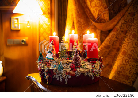 Christmas table composition. Beautiful decoration. Christmas trees, candles, stars, lights and elegant accessories. Merry Christmas and Happy Holidays, Template. Christmas table composition. Beautiful decoration. Christmas trees, candles, stars, lights and elegant accessories. Merry Christmas and Happy Holidays, Template. 130322180