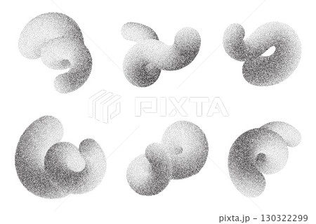 Abstract gradient shapes. 3D lines and wavy elements on white background. Fluid organic grainy designs with sandy texture. Swoosh stipple spirals. Twisted dotted trendy set of dynamic curved elements 130322299