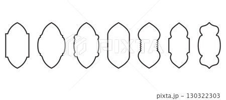 Ramadan frame shapes. Window Arabic arc outline elements. Door design with Turkish ornament. Muslim oriental sticker template. Traditional decoration set for banner and badge. 130322303
