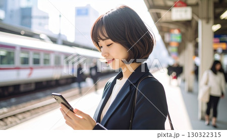 日本人女性の肩上ポートレート ネイビーブレザーで駅前スマホ操作 130322315