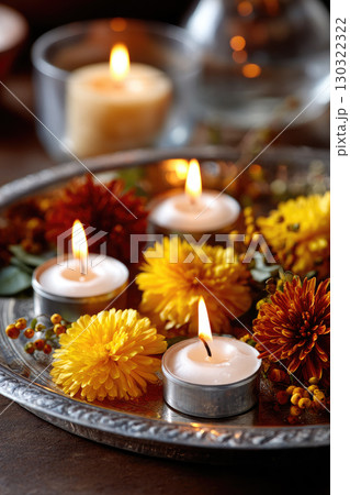 candles and autumnal flowers Closeup of beautiful autumnal flowers and white small candles with flame on silver tray, Diwali concept candles and autumnal flowers Closeup of beautiful autumnal flowers and white small candles with flame on silver tray, Diwali concept 130322322