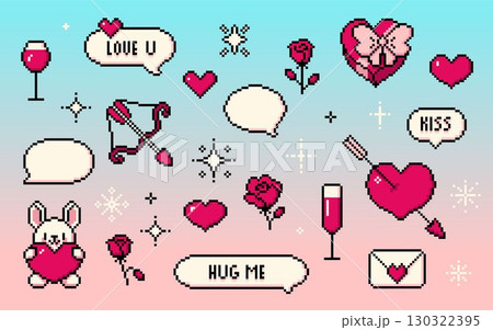 Romantic pixel Valentine day retro set Romantic pixel Valentine day retro set 130322395