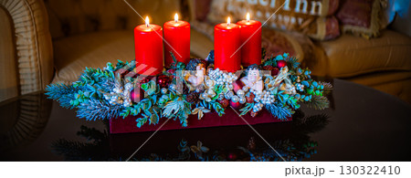 Christmas table composition. Beautiful decoration. Christmas trees, candles, stars, lights and elegant accessories. Merry Christmas and Happy Holidays, Template. Christmas table composition. Beautiful decoration. Christmas trees, candles, stars, lights and elegant accessories. Merry Christmas and Happy Holidays, Template. 130322410