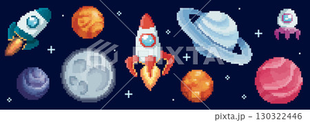 Pixel space planet set with rocket ship 130322446