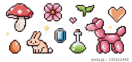 Pixel icon set with 8 bit assets Pixel icon set with 8 bit assets 130322448