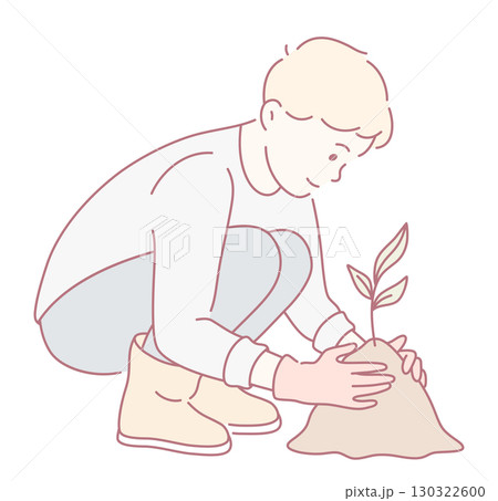 A Young Boy Engaged in the Meaningful Activity of Planting a Tree Seedling in a Garden 130322600