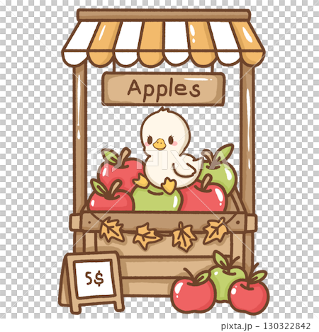 Cute kawaii baby silly goose illustration sitting on top of pile of apples at the farmers market stall adorable hand drawn cartoon style artwork perfect for children nursery prints greeting cards 130322842
