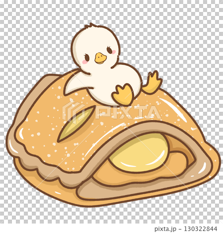 Cute kawaii baby silly goose illustration sitting on top of an apple turn over pie hand drawn cartoon style artwork perfect for children nursery prints greeting cards and stickers 130322844