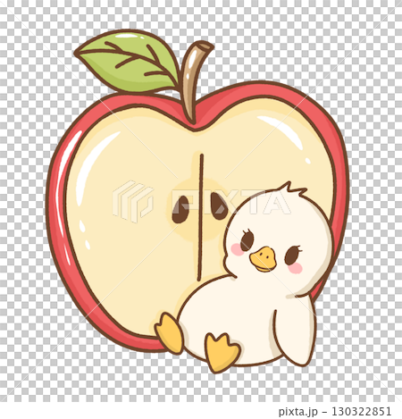 Cute kawaii baby silly goose illustration leaning against a giant red apple adorable hand drawn cartoon style artwork perfect for children nursery prints greeting cards and stickers 130322851