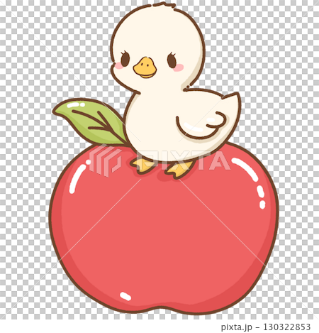 Cute kawaii baby silly goose illustration sitting on top of a red apple adorable hand drawn cartoon style artwork perfect for children nursery prints greeting cards and stickers 130322853