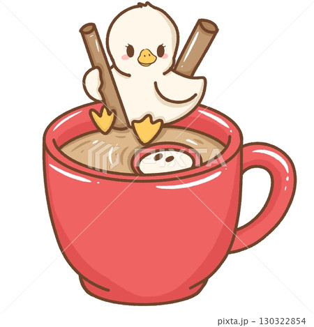 Cute kawaii baby silly goose illustration sitting in between two cinnamon sticks on top of apple cider mug adorable hand drawn cartoon style artwork perfect for children nursery prints greeting cards Cute kawaii baby silly goose illustration sitting in between two cinnamon sticks on top of apple cider mug adorable hand drawn cartoon style artwork perfect for children nursery prints greeting cards 130322854