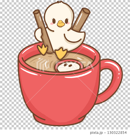 Cute kawaii baby silly goose illustration sitting in between two cinnamon sticks on top of apple cider mug adorable hand drawn cartoon style artwork perfect for children nursery prints greeting cards Cute kawaii baby silly goose illustration sitting in between two cinnamon sticks on top of apple cider mug adorable hand drawn cartoon style artwork perfect for children nursery prints greeting cards 130322854