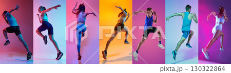 Group of six athletes captured in mid-jump on colorful neon collage 130322864