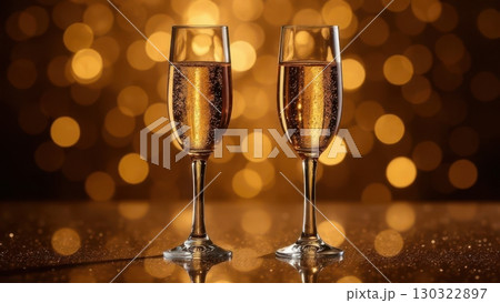 Two elegant champagne glasses with bubbles on a golden background. 130322897