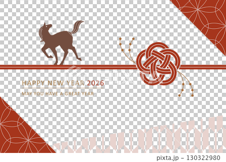 2026年馬年新年賀卡 - 時尚可愛的梅花水引和馬的剪影 - 日式圖案 130322980