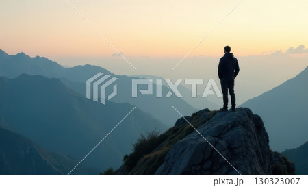 Young male hiker triumphantly standing on a breathtaking mountain peak, enjoying the stunning view 130323007