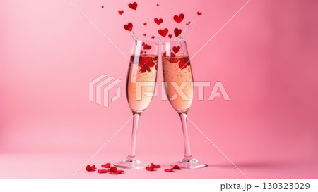 Two champagne glasses with red heart-shaped confetti falling on pink background 130323029