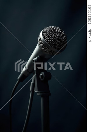 Microphone standing on a stand in a dark room, ready for a performance 130323163