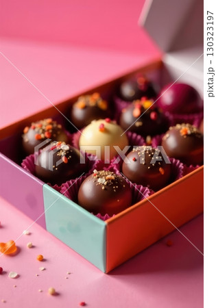 Chocolate confectionery pralines decorated with sprinkles in gift box Chocolate confectionery pralines decorated with sprinkles in gift box 130323197