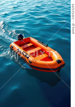 Orange inflatable motor boat sailing on blue water 130323205