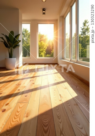 Sunlight illuminating empty room with wooden floor and potted plant 130323290
