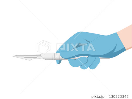 Docter Hand of surgeon in blue medical glove holding a scalpel. 130323345