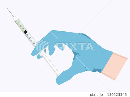 Docter hand of surgeon in blue medical glove holding a syringe with liquid i 130323346