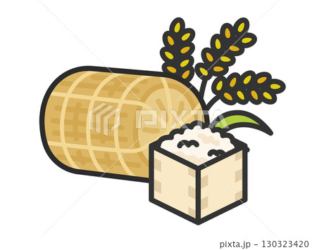 米俵と稲と米のアイコン（線画カラー）のイラスト 130323420
