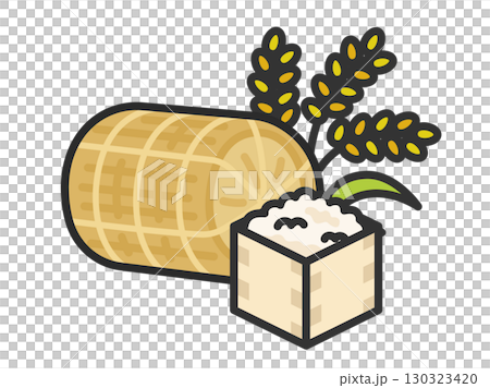 米俵と稲と米のアイコン（線画カラー）のイラスト 130323420