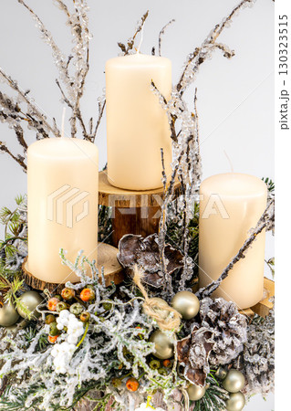 Christmas table composition. Beautiful decoration. Christmas trees, candles, stars, lights and elegant accessories. Merry Christmas and Happy Holidays, Template. Christmas table composition. Beautiful decoration. Christmas trees, candles, stars, lights and elegant accessories. Merry Christmas and Happy Holidays, Template. 130323515