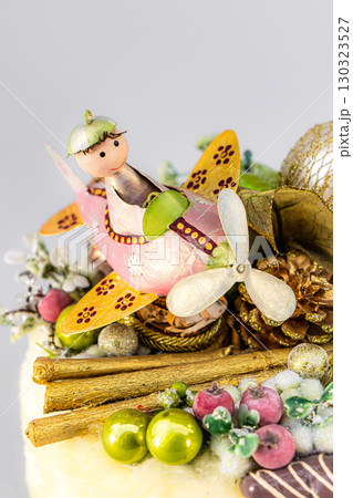 Christmas table composition. Beautiful decoration. Christmas trees, candles, stars, lights and elegant accessories. Merry Christmas and Happy Holidays, Template. 130323527