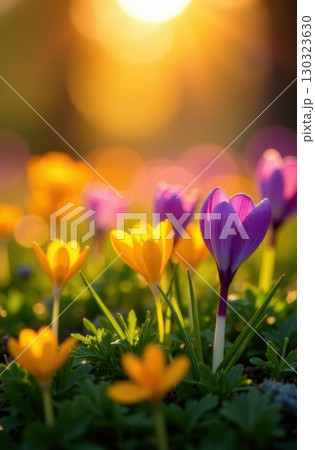 Yellow and purple crocuses blooming in spring meadow at sunset 130323630