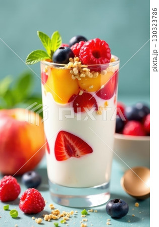 Delicious yogurt parfait with granola and fresh berries layered in glass 130323786