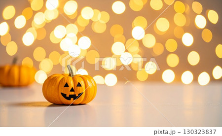 ゴールドのボケ背景に置かれた小さなジャックオーランタン 130323837
