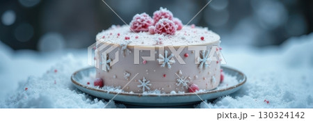 Delicious christmas cake decorated with snowflakes and red berries resting on snow 130324142
