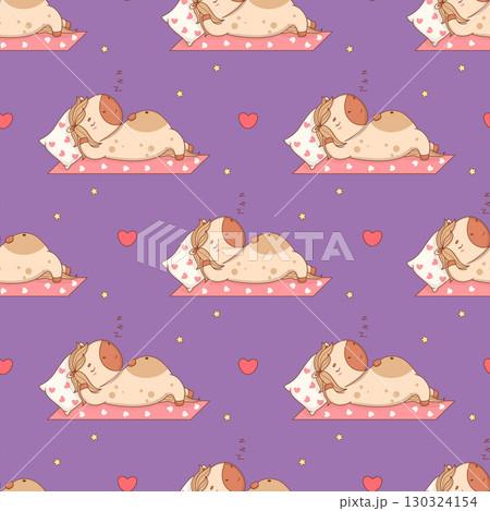Seamless pattern with Cute Sleepy Horse on Purple background. Funny Adorable resting Animal Pony Kawaii character. Vector illustration. Kids collection. Not AI 130324154