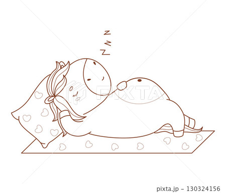 Outline Cute Sleepy Horse on Rug and Pillow. Adorable Pony Kawaii Animal. Sweet Dream. Line drawing, coloring book. Vector illustration. Kids collection. Not AI 130324156