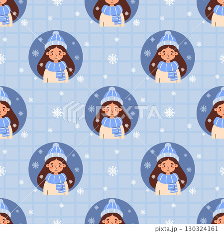 Winter seamless pattern with Cute Girl in Hat and Scarf Under Snowflakes on Blue Checkered Background. Vector illustration. Template for seasonal design, packaging, wallpaper and textile. Not AI 130324161